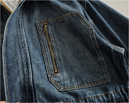 Heavyweight Washed Denim Jacket – Vintage Workwear Multi-Pocket Drawstring Coat