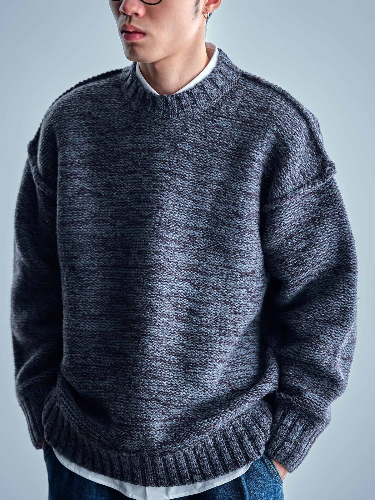 Japanese imported heavyweight high-density woven wool round neck pullover long-sleeved sweater