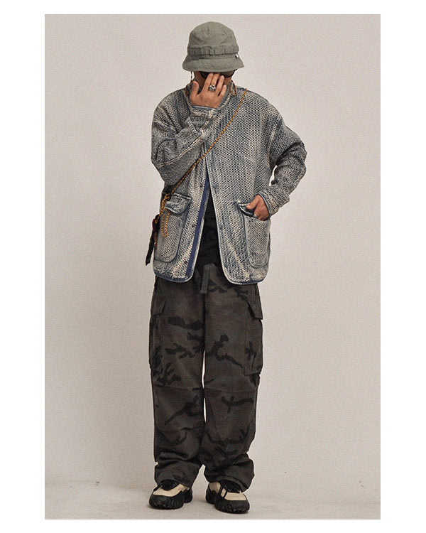 Textured Denim Jacket – Stand Collar & Bound Pockets