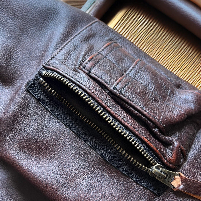 Vintage Cowhide MA-1 Flight Jacket – Hand-Polished Dark Brown Leather