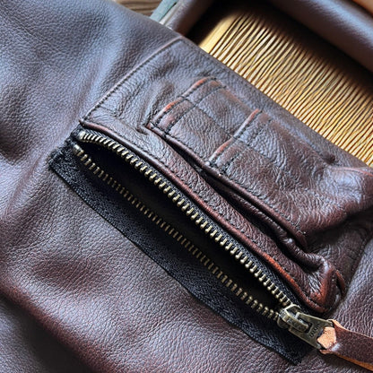 Vintage Cowhide MA-1 Flight Jacket – Hand-Polished Dark Brown Leather