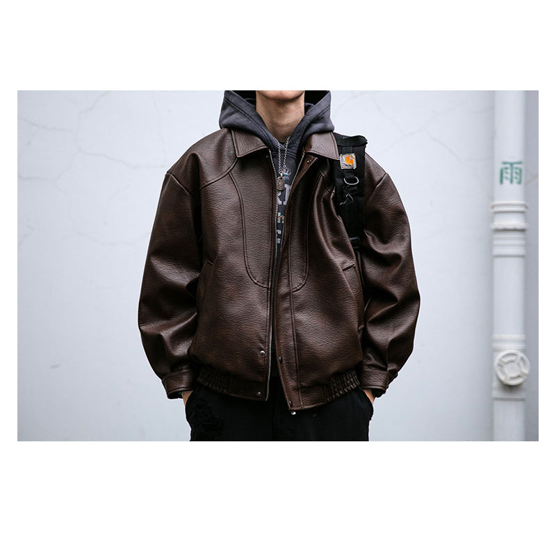 Lychee-Grain PU Leather Lapel Jacket – American Retro Oversized Unisex