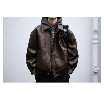 Lychee-Grain PU Leather Lapel Jacket – American Retro Oversized Unisex
