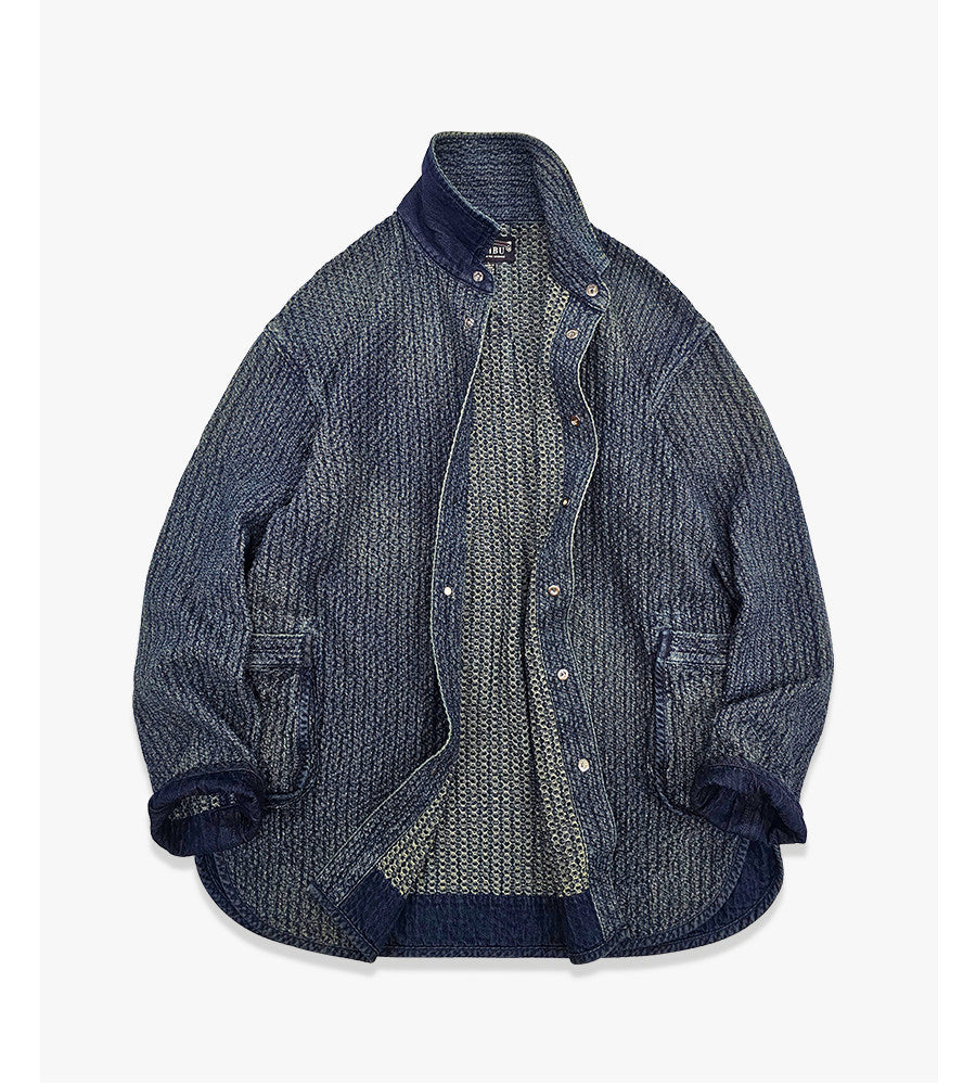Draw-Dye Distressed Honeycomb Shirt Jacket – Japanese Vintage Loose Mid-Length Unisex – Coats Jackets | japanese streetwear | vintage workwear | unisex | Yamalinclothes