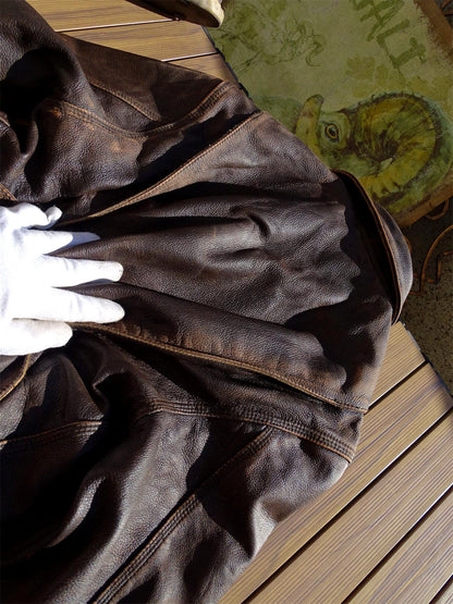 Stone-Washed Distressed Cowhide Leather Jacket – Men's American Retro Cargo Coat