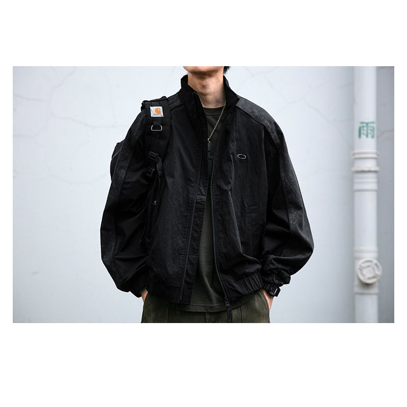 Spliced Textured Stand-Collar Jacket – American Retro Oversized Unisex