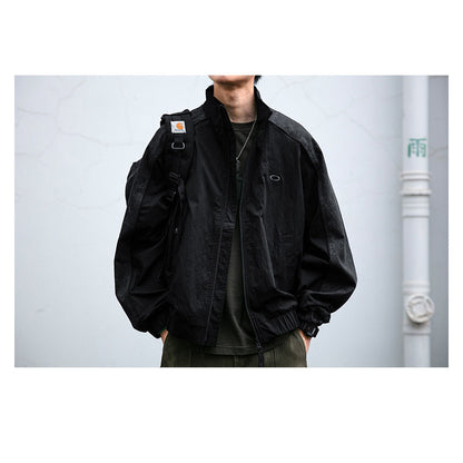 Spliced Textured Stand-Collar Jacket – American Retro Oversized Unisex