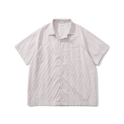 Diamond Texture Striped Short Sleeve Shirt – Loose Unisex Casual Summer