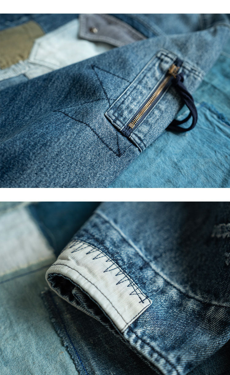 Hand-Embroidered Washed Old Denim Jacket – Patch Detail (Unisex)
