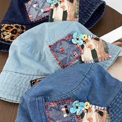 Denim Abstract Appliqué Fisherman Hat – Wide Brim Sun Protection Streetwear – Japanese vintage | yamalin clothes | Yamalinclothes