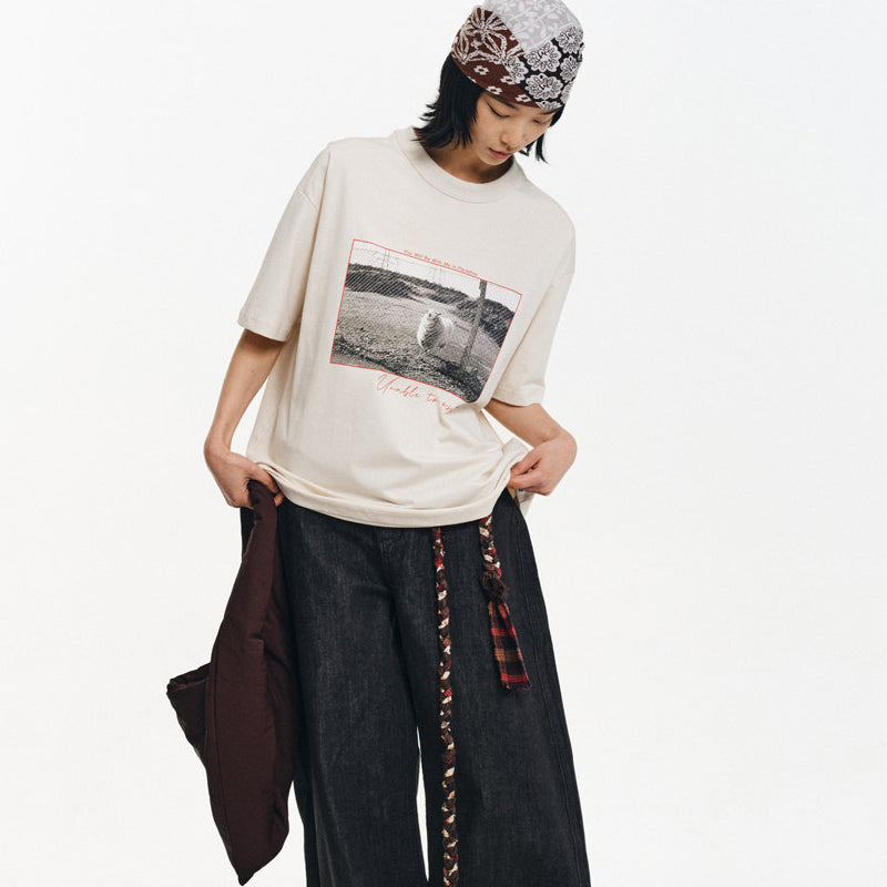 White ink direct printing cool-feel sun protection loose round neck short-sleeved shirt | Japanese vintage | yamalin clothes | Yamalinclothes