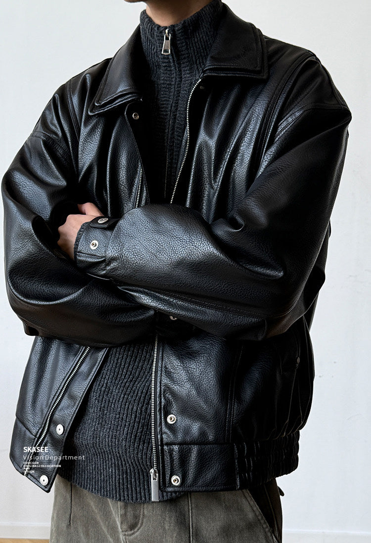 Soft PU Double-Layer Lapel Leather Jacket – American Retro Oversized Unisex – Japanese vintage | fall outfits 2026 | fall winter outfits | classy winter outfits | lazy comfy outfits | japanese streetwear | vintage workwear | yamalin clothes | Yamalinclothes