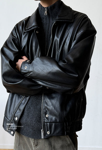 Soft PU Double-Layer Lapel Leather Jacket – American Retro Oversized Unisex – Japanese vintage | fall outfits 2026 | fall winter outfits | classy winter outfits | lazy comfy outfits | japanese streetwear | vintage workwear | yamalin clothes | Yamalinclothes