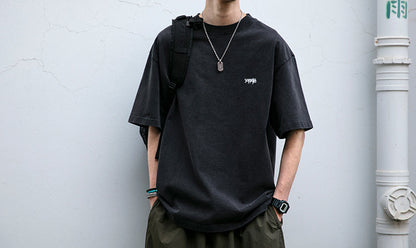 320G Heavyweight Washed Distressed Short Sleeve T-Shirt – Letter Embroidery Vintage Tee for Men – Japanese vintage | yamalin clothes | Yamalinclothes