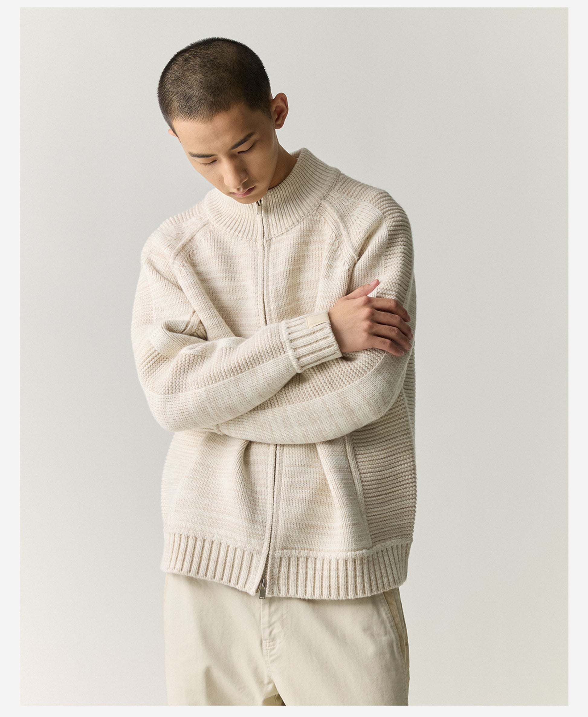 Merino Wool Blend Zip Cardigan – Heavyweight Panel Knit Coat – Japanese vintage | yamalin clothes | Yamalinclothes