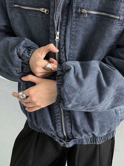 Vintage Distressed Padded Denim Jacket – Oversized Men’s Zipper-Trim Quilted Trucker Coat