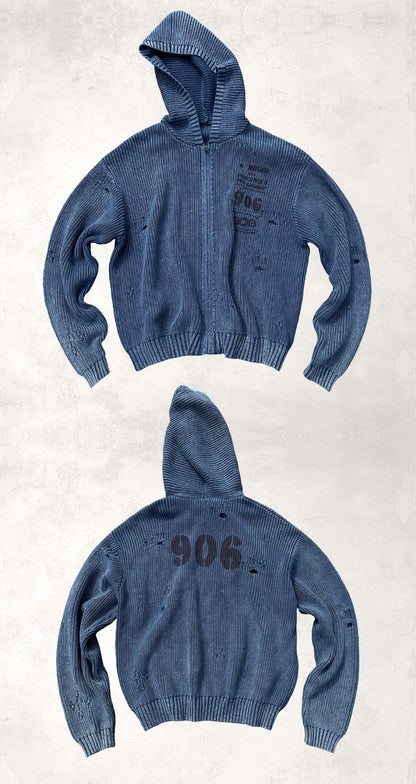 440G Washed Distressed Hooded Knit Zip Cardigan – Japanese Vintage Oversized – Sweater cardigan | japanese streetwear | vintage workwear | unisex | Yamalinclothes