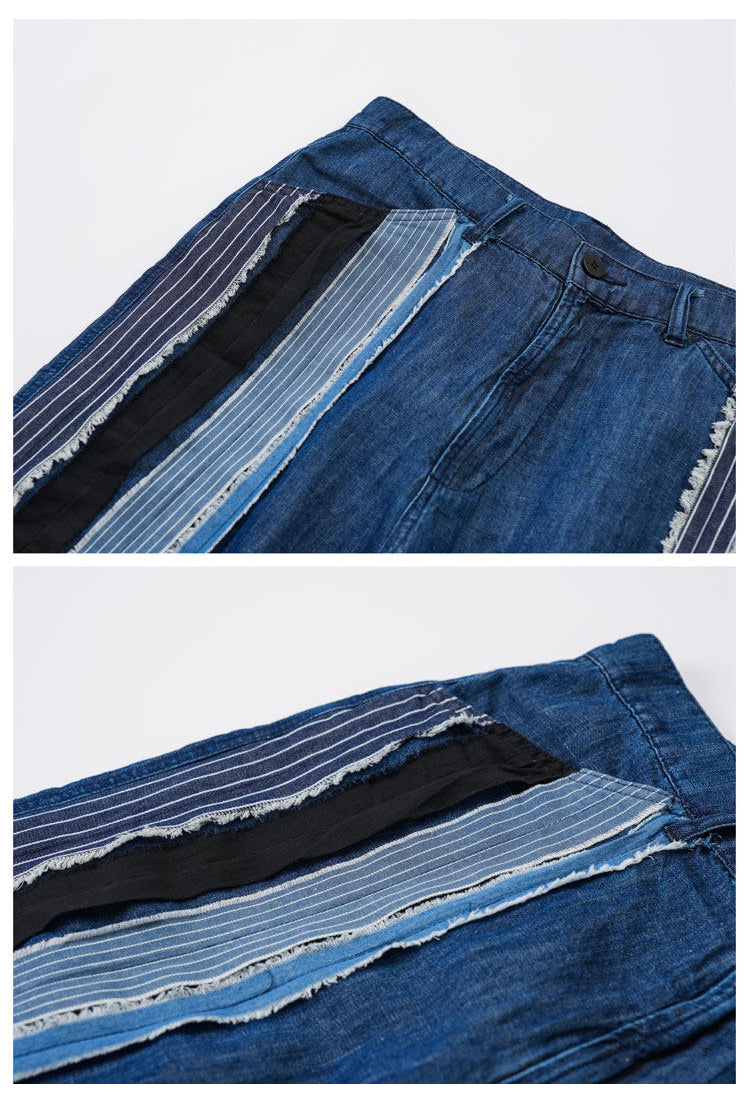 Japanese Vintage Patchwork Denim Shorts – Handmade Ethnic Strip Panel Summer Streetwear – Japanese vintage | yamalin clothes | Yamalinclothes