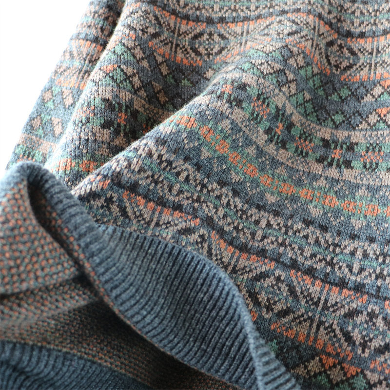 100% Wool Jacquard Stripe Crew Neck Sweater – Men's Thick Knit Pullover