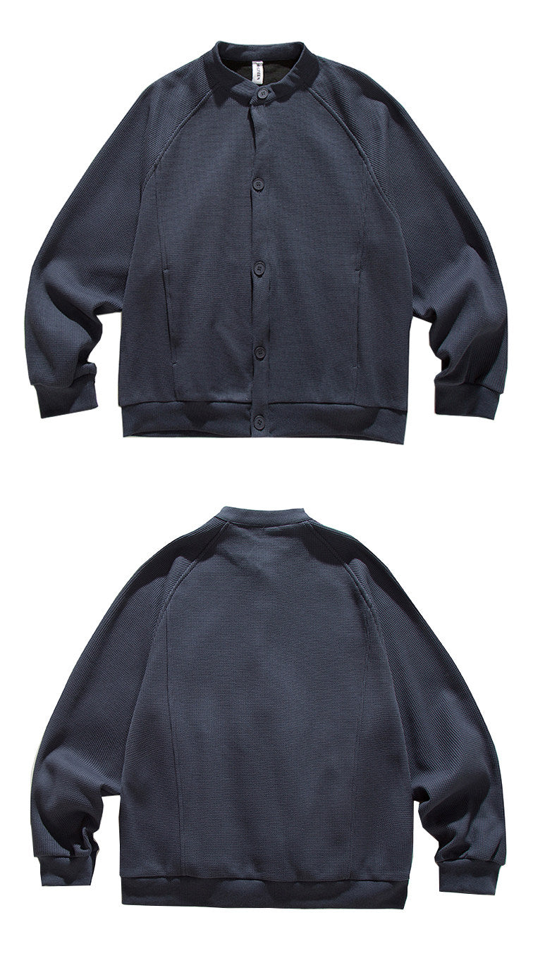 Heavyweight Japanese Waffle Henley Cardigan – Loose Raglan Sleeve Unisex Sweatshirt