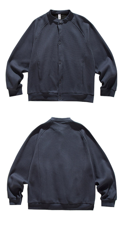 Heavyweight Japanese Waffle Henley Cardigan – Loose Raglan Sleeve Unisex Sweatshirt