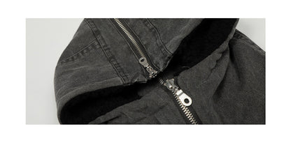 Polar Fleece Hooded Denim Cargo Jacket – Thickened Oversized Unisex