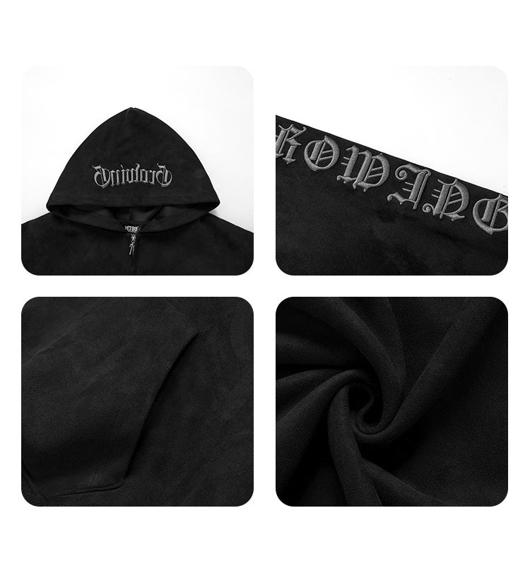 Suede Embroidered Hooded Zip Sweatshirt – Loose Vintage Unisex Jacket