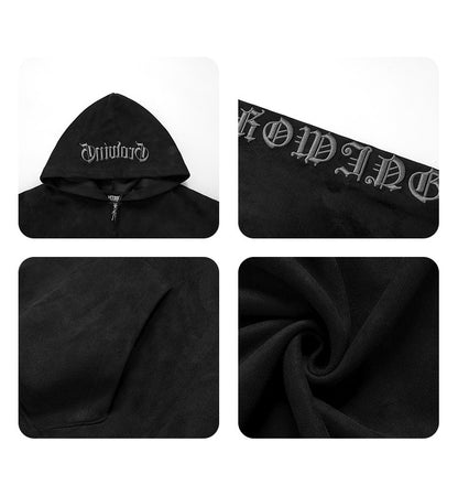 Suede Embroidered Hooded Zip Sweatshirt – Loose Vintage Unisex Jacket