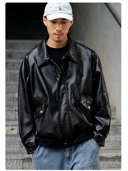 Japanese PU Leather Fleece-Lined Jacket – Men's Oversized Winter Coat – Japanese vintage | yamalin clothes | Yamalinclothes