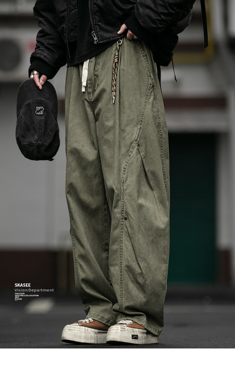 American Vintage Heavyweight Double Pleated Cargo Pants – Wide Leg Drawstring Workwear Trousers for Men | Japanese vintage | yamalin clothes | Yamalinclothes