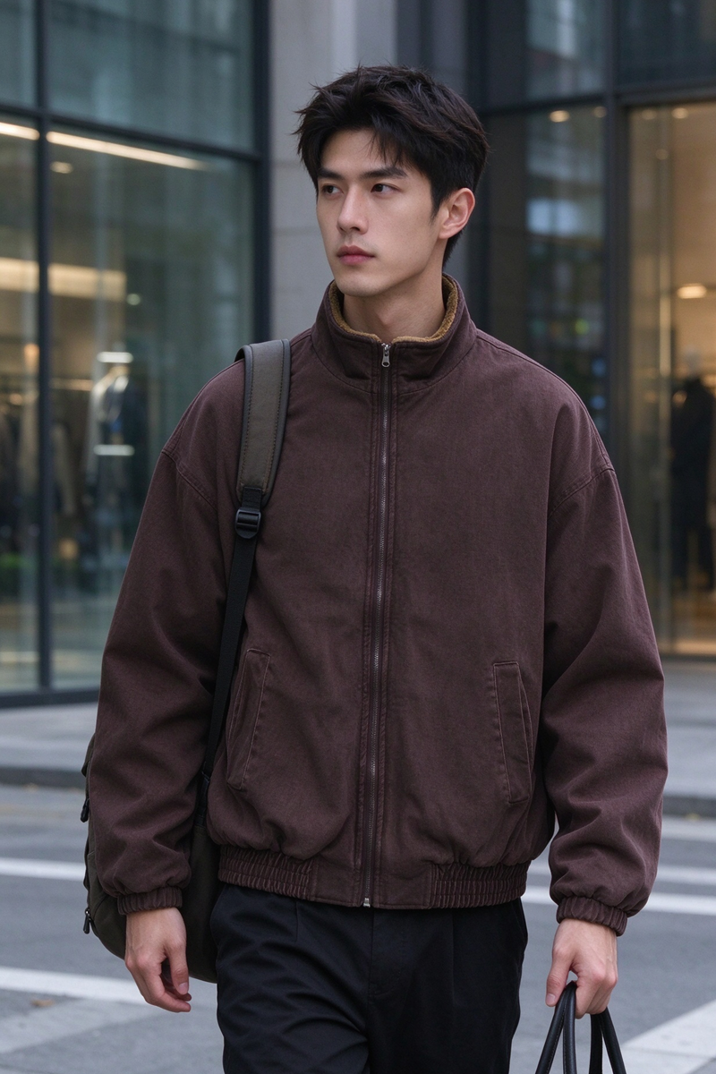 Sherpa-Lined Jacket – Stand Collar & Relaxed Fit | Yamalinclothes