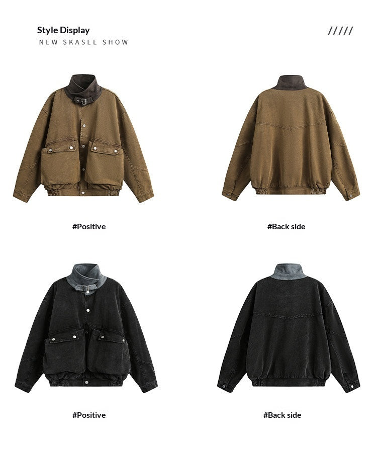 Washed Patchwork Lapel Cargo Jacket – American Retro Oversized Unisex