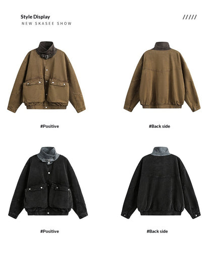 Washed Patchwork Lapel Cargo Jacket – American Retro Oversized Unisex