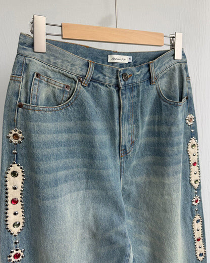 Washed Heavy Duty Jeweled Denim Jeans – Flared & Straight Leg 100% Cotton Streetwear – Japanese vintage | yamalin clothes | Yamalinclothes