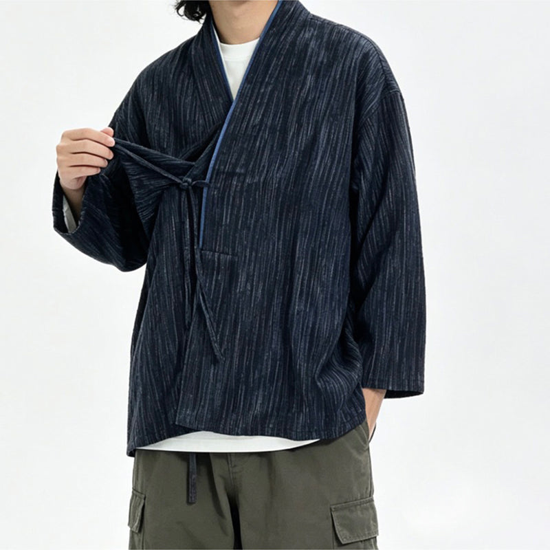 Indigo-Dyed Cotton Linen Haori Lace-Up Jacket – Chinese Japanese Unisex – Japanese vintage | yamalin clothes | Yamalinclothes