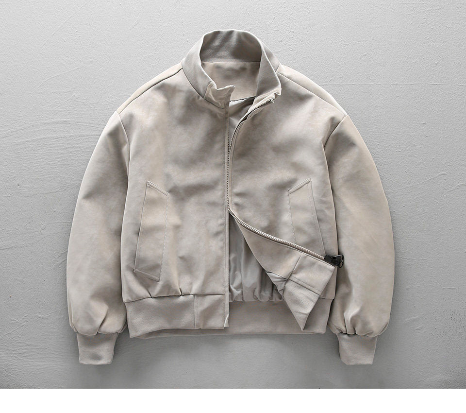 American Vintage Suede PU Leather Stand-Collar Jacket – Oversized Men’s Moto Coat