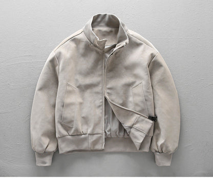 American Vintage Suede PU Leather Stand-Collar Jacket – Oversized Men’s Moto Coat