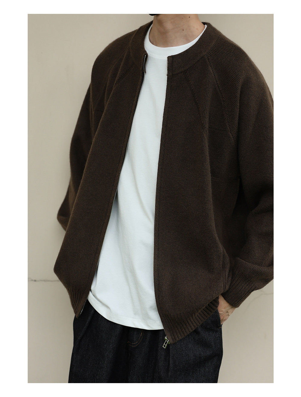 Japanese Zip Stand Collar Knit Cardigan – Loose Men – Japanese vintage | yamalin clothes | Yamalinclothes