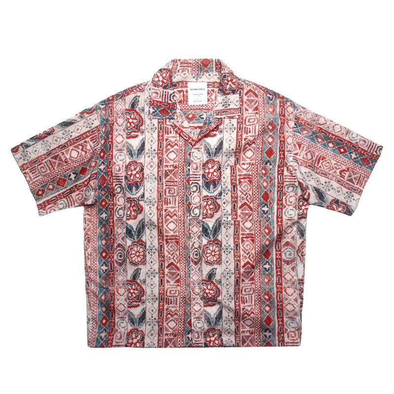 Seersucker Cuban Collar Printed Shirt – Men's Vintage Beach Short Sleeve