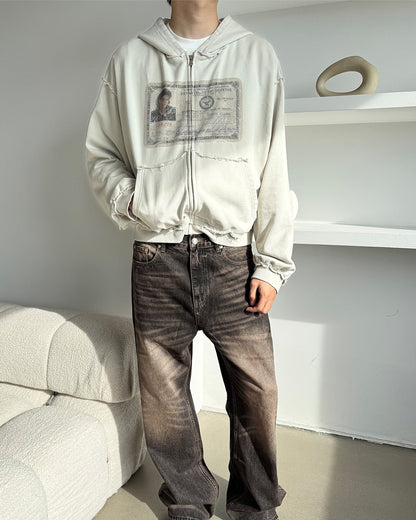 EssorNovus Michael Jackson passport print raw edge old zip hoodie sweatshirt