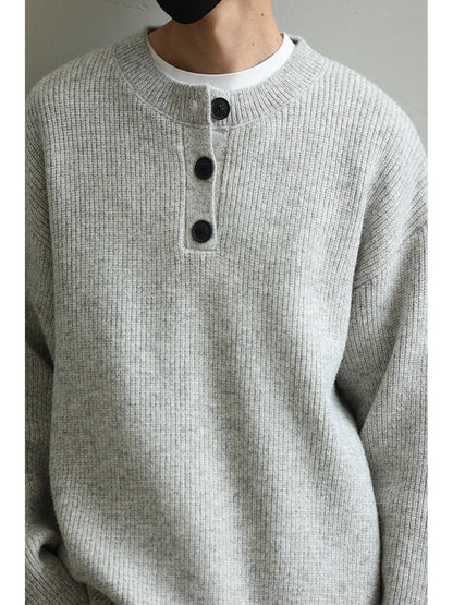 Retro Henley Knit Sweater – Lazy Style Crew Neck Men – Japanese vintage | yamalin clothes | Yamalinclothes
