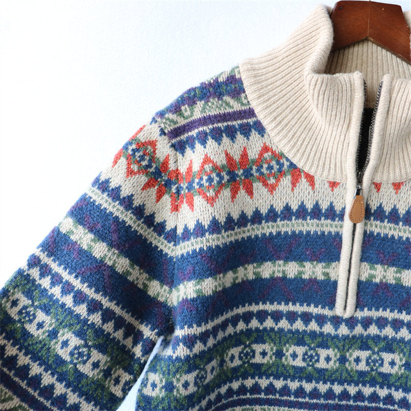 100% Wool Half-Zip Jacquard Stripe Sweater – Men's Ethnic Knit Pullover Khaki