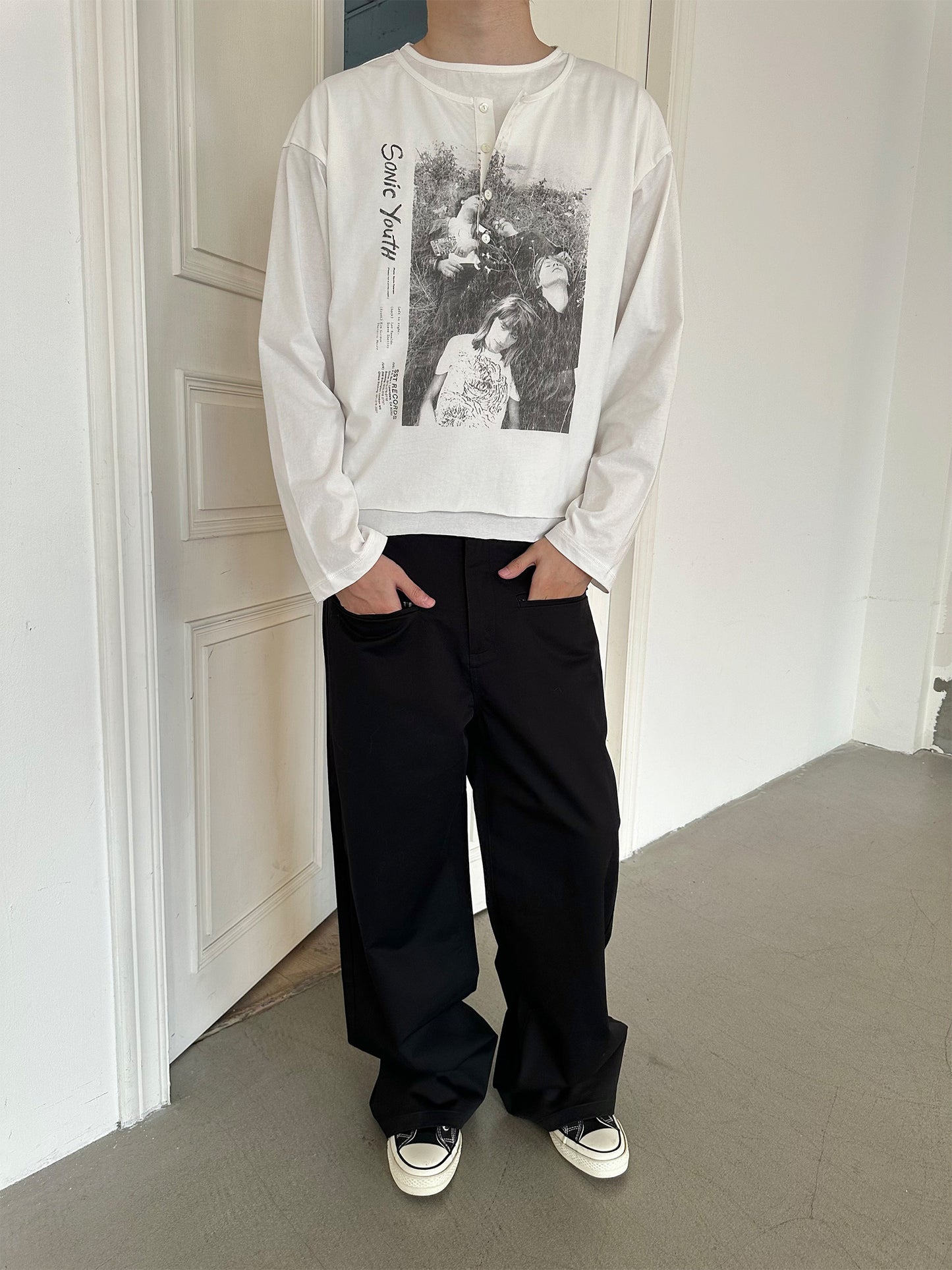 Vintage Rock Band Graphic Double Collar Long Sleeve Tee – Unisex Oversized