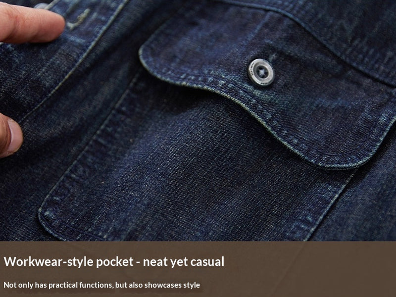 American Workwear Long Sleeve Denim Shirt Jacket - Loose Casual Vintage Denim Overshirt for Men