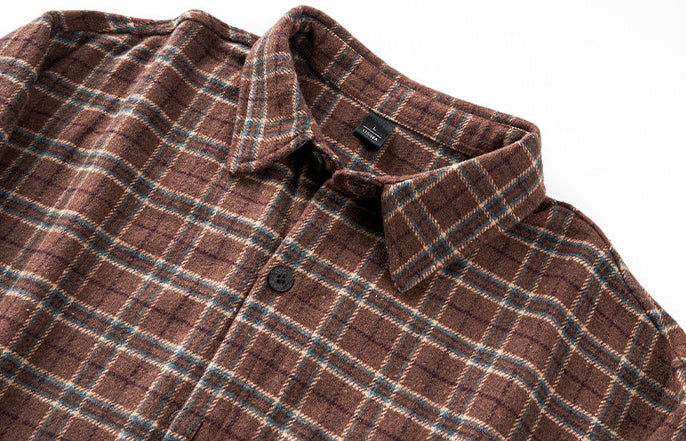 Brushed Plaid Long Sleeve Shirt Jacket – Vintage Loose Unisex Casual