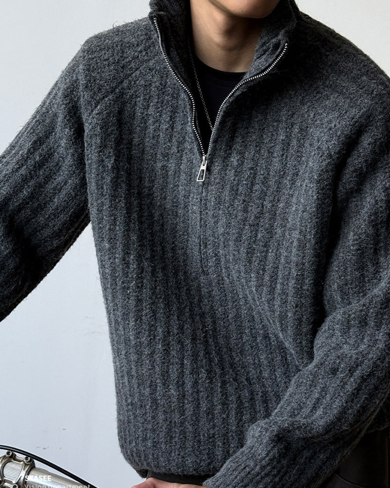 Half-Zip Stand Collar Knit Pullover – Loose Lazy Men – Japanese vintage | yamalin clothes | Yamalinclothes