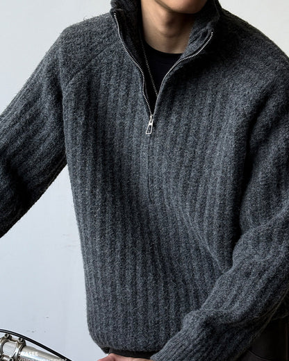 Half-Zip Stand Collar Knit Pullover – Loose Lazy Men – Japanese vintage | yamalin clothes | Yamalinclothes