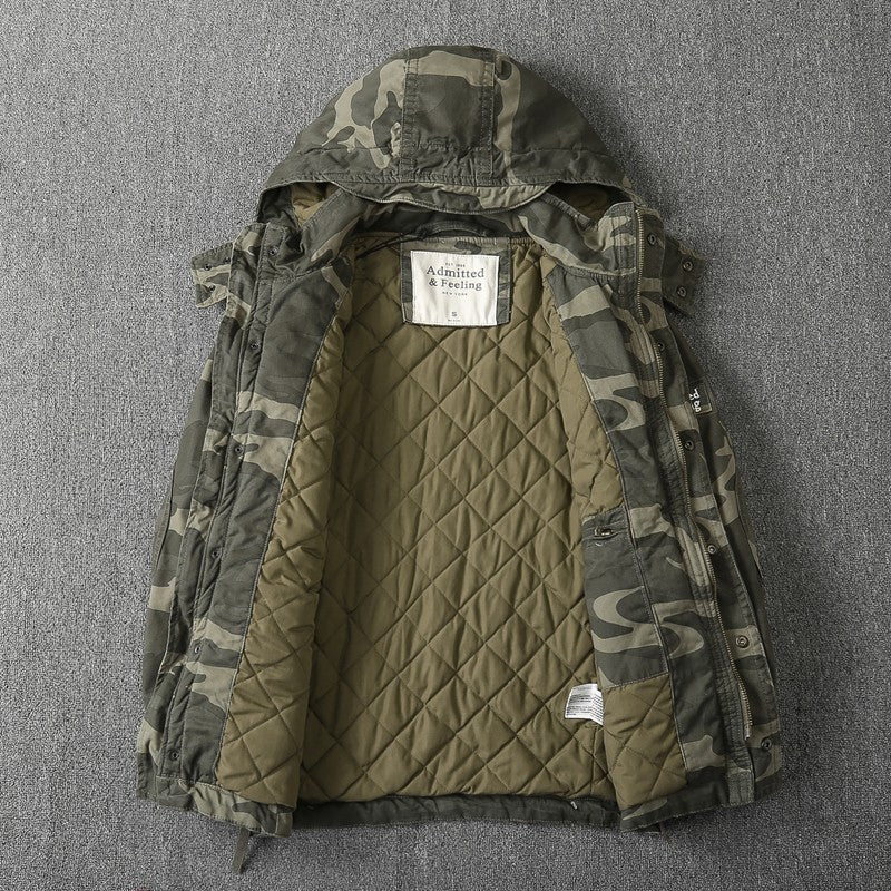 Heavy Distressed Hooded Camouflage Cargo Jacket – Oversized Cotton Outdoor Coat