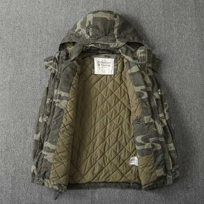 Heavy Distressed Hooded Camouflage Cargo Jacket – Oversized Cotton Outdoor Coat