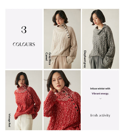 Heavy-duty lazy cashmere sweater, diagonal buttoned floral tulle, thickened twisted high-neck sweater, Korean autumn/winter new women's knitwear | Yamalinclothes